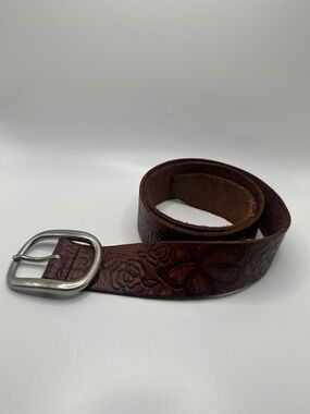 Fossil Dark Brown Embossed Leather Floral Belt